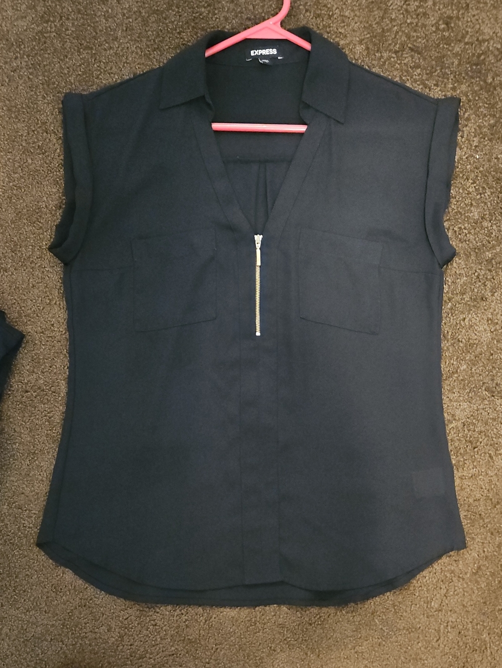 Express Black Cap-Sleeve Blouse with Gold Zip